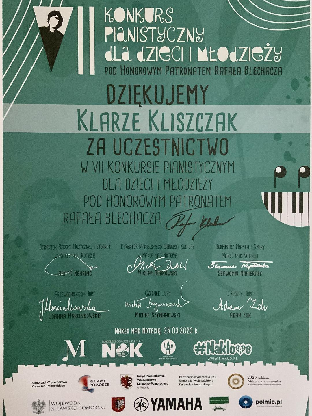 VII Konkurs Pianistyczny dla Dzieci i Młodzieży pod Honorowym Patronatem Rafała Blechacza w Nakle 25 III 2023