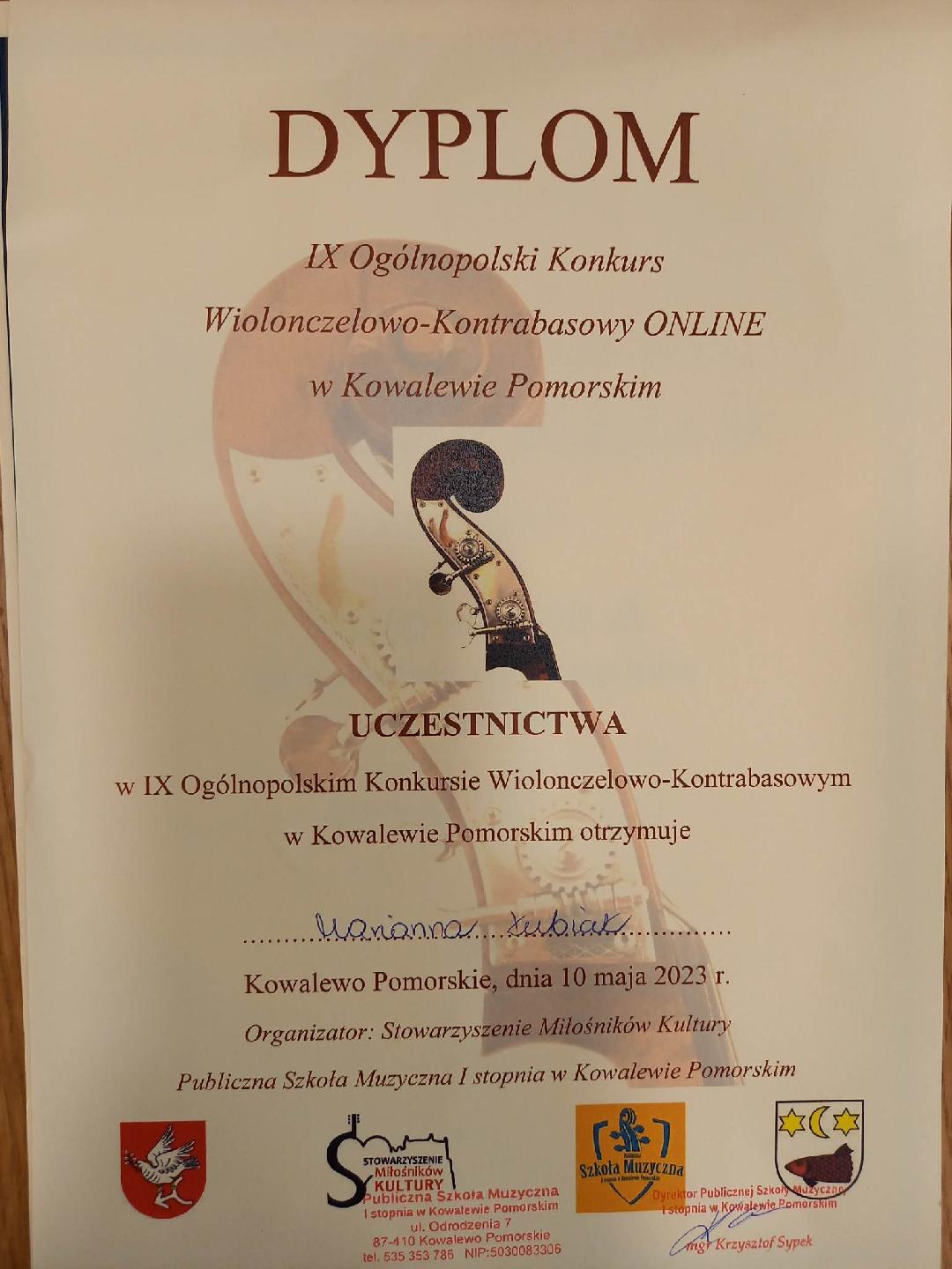 IX Ogólnopolski Konkurs Wiolonczelowo-Kontrabasowy Online w Kowalewie Pomorskim 22 IV 2023